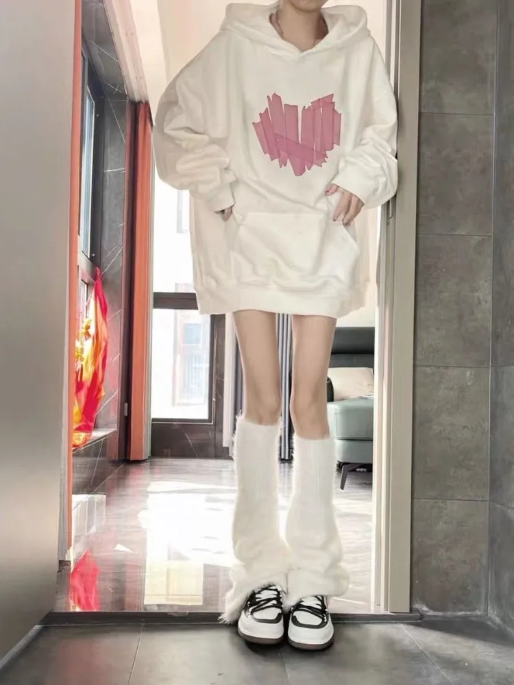 

Элегантный милый белый свитшот с капюшоном, женский повседневный пуловер большого размера, осенне-зимняя уличная одежда Y2K, модные топы в стиле Харадзюку, новые