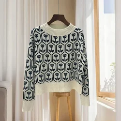 2024 Autumn Winter New Fashion Brand Design Rhomboid Flower Round Neck Hexagonal Grid Flower Long Sleeve Commuter Knit Sweater