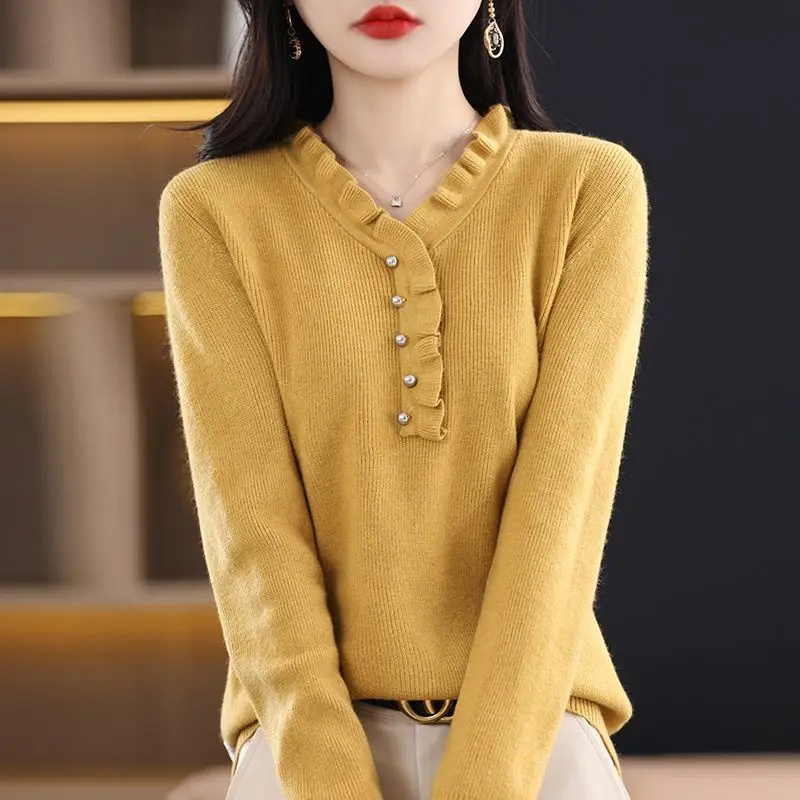 2024 Women New V Neck Sweaters Korean Fashion Autumn Winter Plus Size Simple Knitted Jumpers Female Clothes Casual Pullovers 3XL