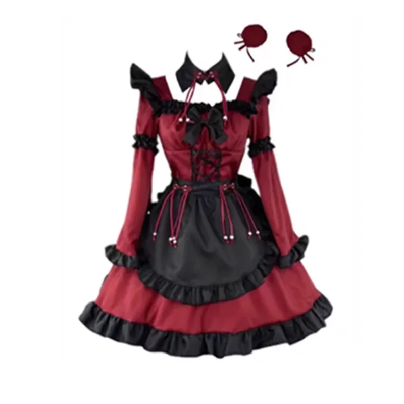 Christmas New Year Gothic Lolita Red Maid Dress Woman Spring and Autumn New Women's Long Sleeve Ruffles Short Dresses for Women