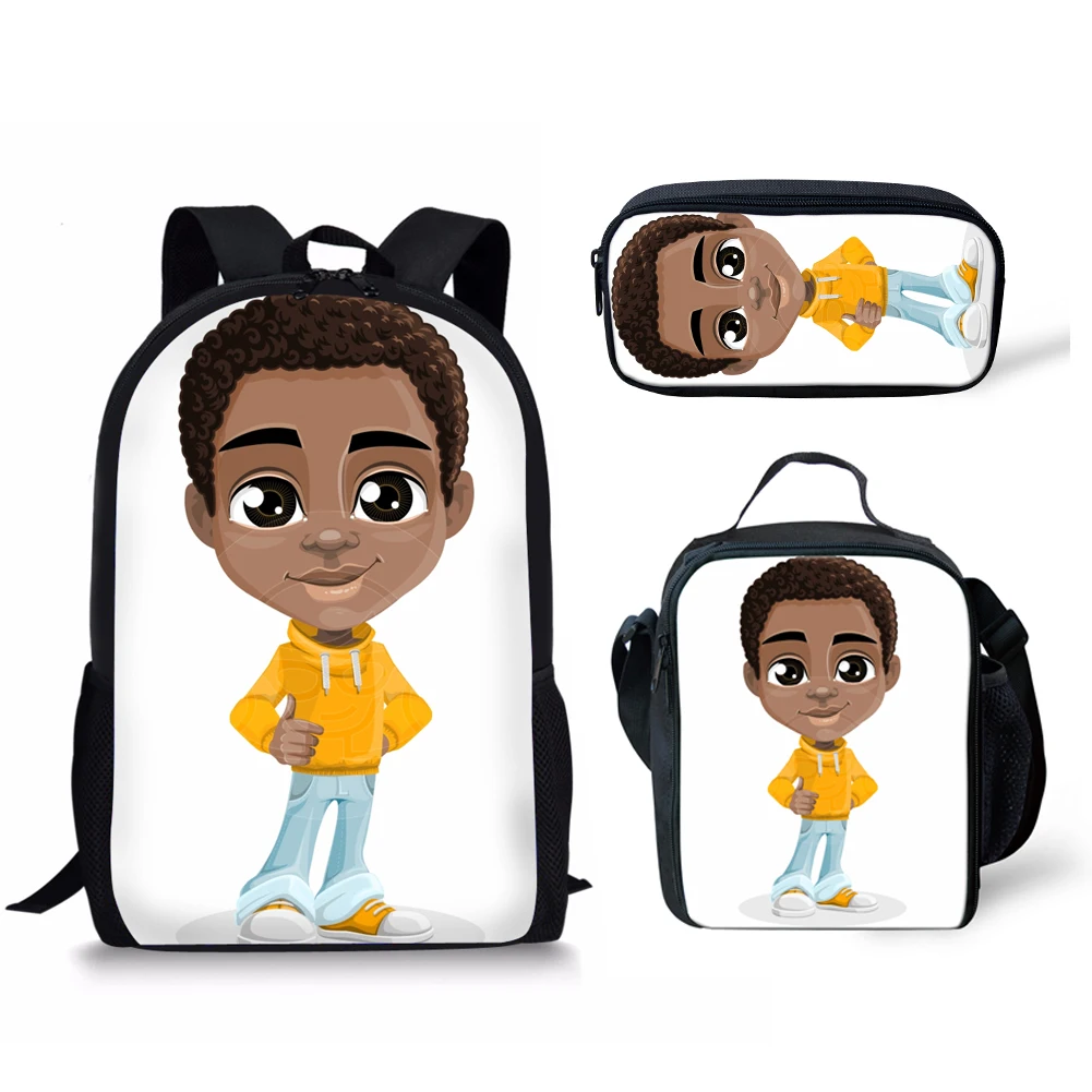 Cartoon Novelty Cool African Black Boys 3D Print 3pcs/Set pupil School Bags Laptop Daypack Backpack Lunch bag Pencil Case