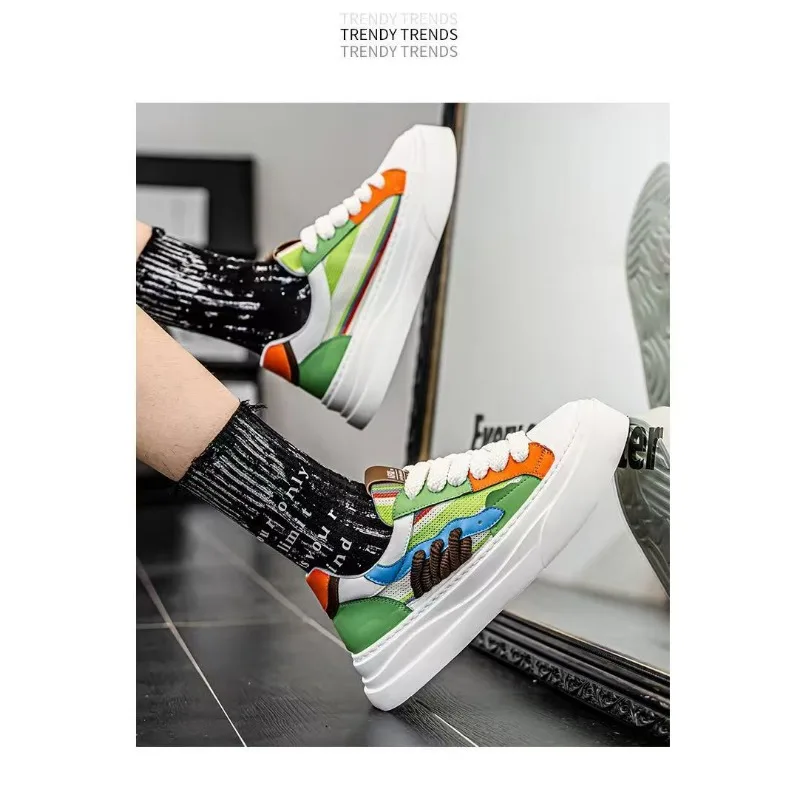 

Korean Style Men's Platform Shoes 2026 Summer Color Block Breathable Thick Sole Casual Streetwear All-mat Footwear