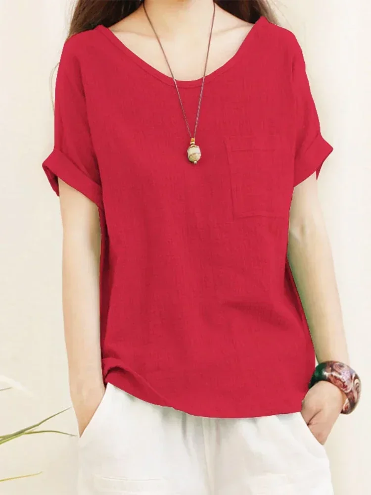 

Зеленая свободная блузка из хлопка и льна, оверсайз 5XL, женские блузки 2023, летние рубашки, повседневные рубашки с коротким рукавом, однотонные топы с круглым вырезом для женщин