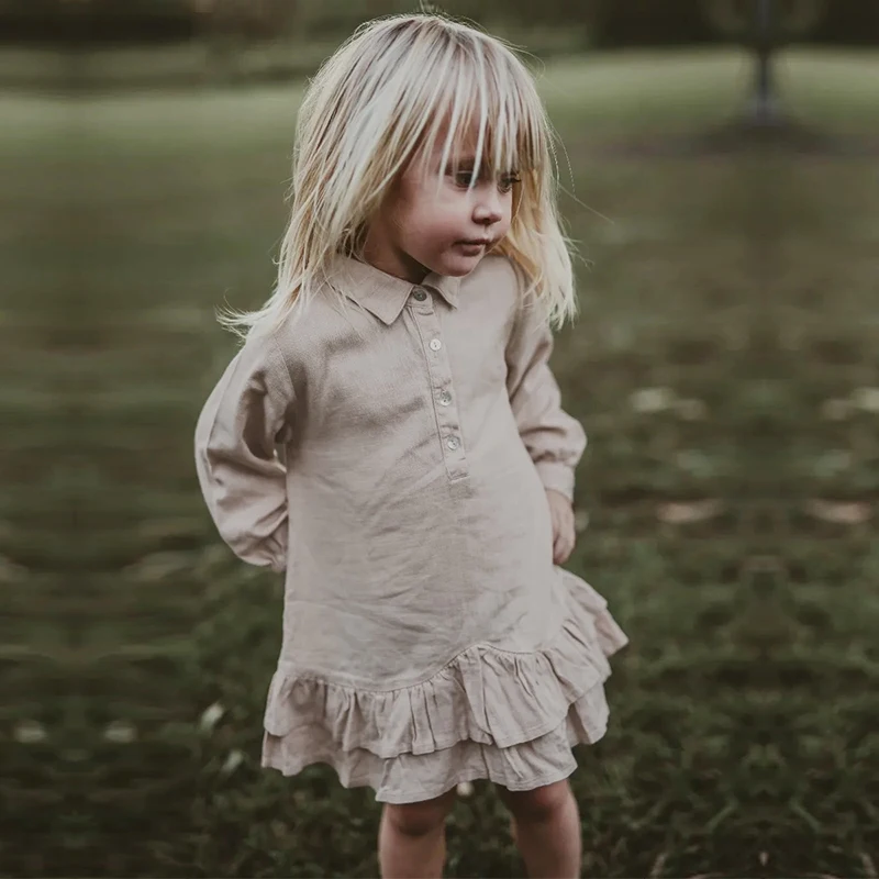 Autumn Children\'s Shirt Collar Long-Sleeved Dress Vintage Double-Layer Ruffled Cotton And Linen Pullover Cute Baby Girl Dresses