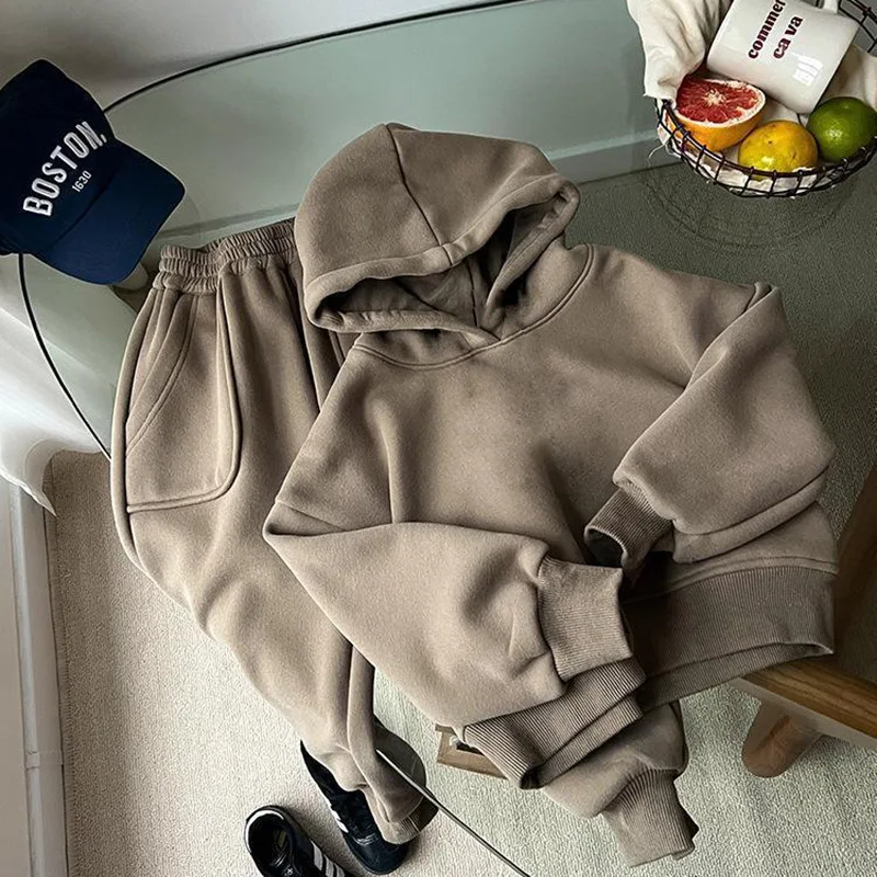 2024 Winter New Children Plus Velvet Thick Clothes Set Boys Girls Fleece Hooded Sweatshirt + Sweat Pants Suit Kids Warm Outfits