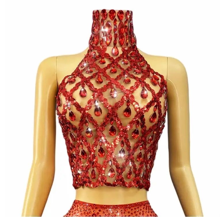 섹시한 빛나는 라인 석 투명한 메쉬 붕대 탑 부품 착용 여성 생일 파티 축하 패션 쇼 의상 무대 착용