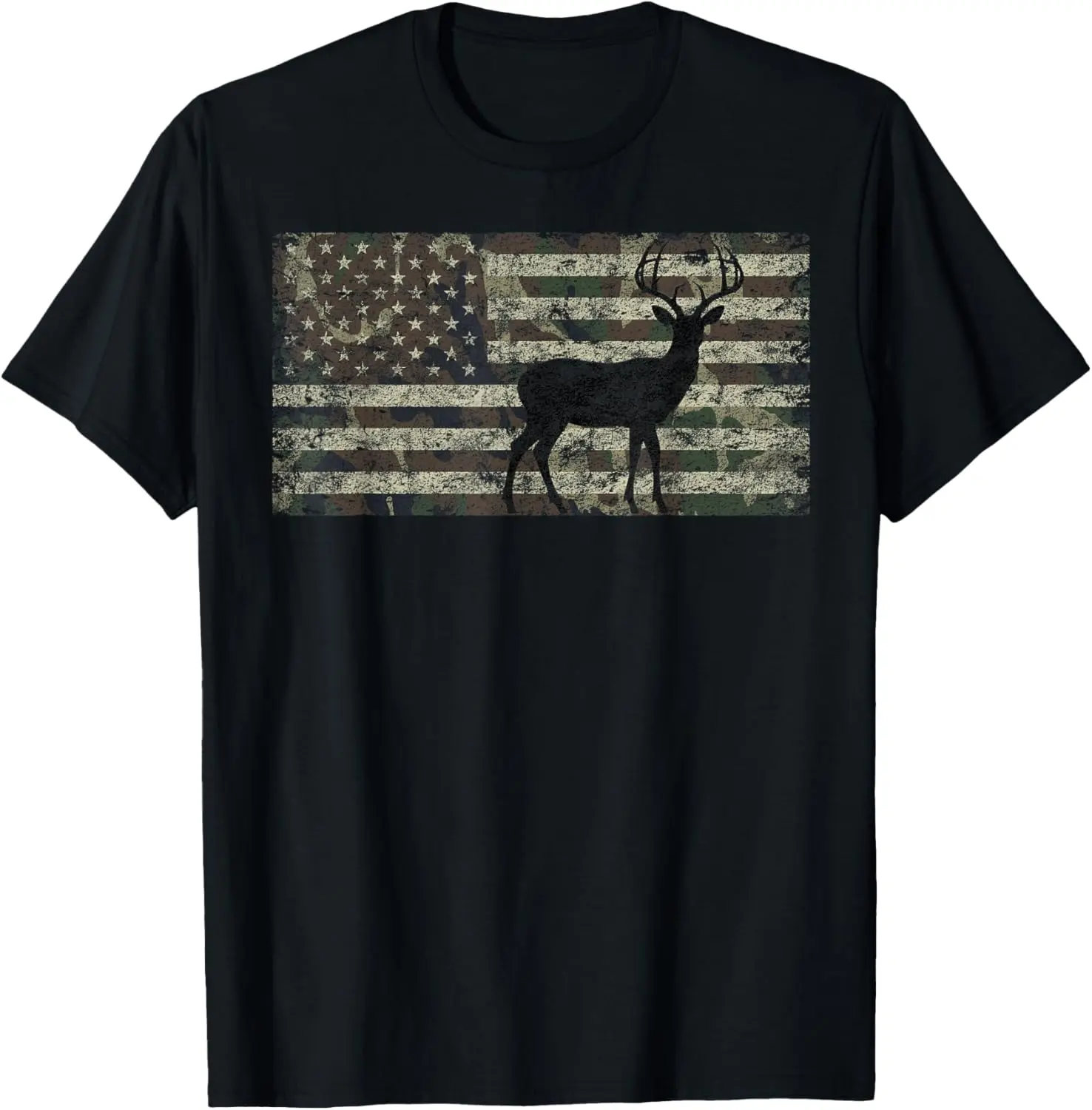 Deer Hunting Camo American Flag Buck Standing Hunter Country T-Shirt