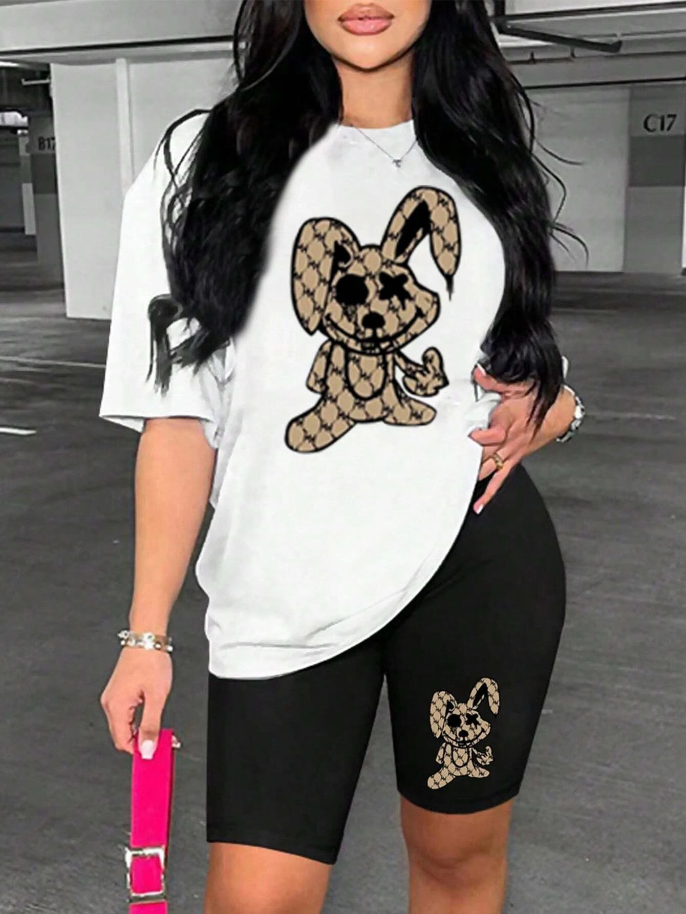 Cute Rabbit Cartoon Printing Women T Shirts Two Piece Set Fashion Novel Short Sets Summer Breathable Loose Shirt Shorts Female