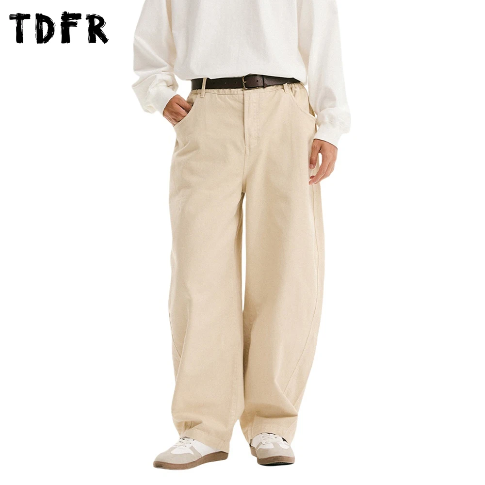 

Retro Solid Color Casual Pants Mens Simple Pocket Elastic Waist Baggy Wide Leg Banana Trousers Man