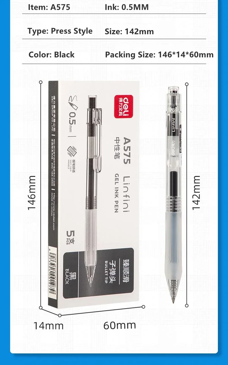 DELI Einziehbare Gelstifte 0,5 mm mit Nachfüllungen, 5 Stück/Set, schwarz, blau, Rundspitze, glattes Schreiben, Büro- und Schulbedarf – Detail 9