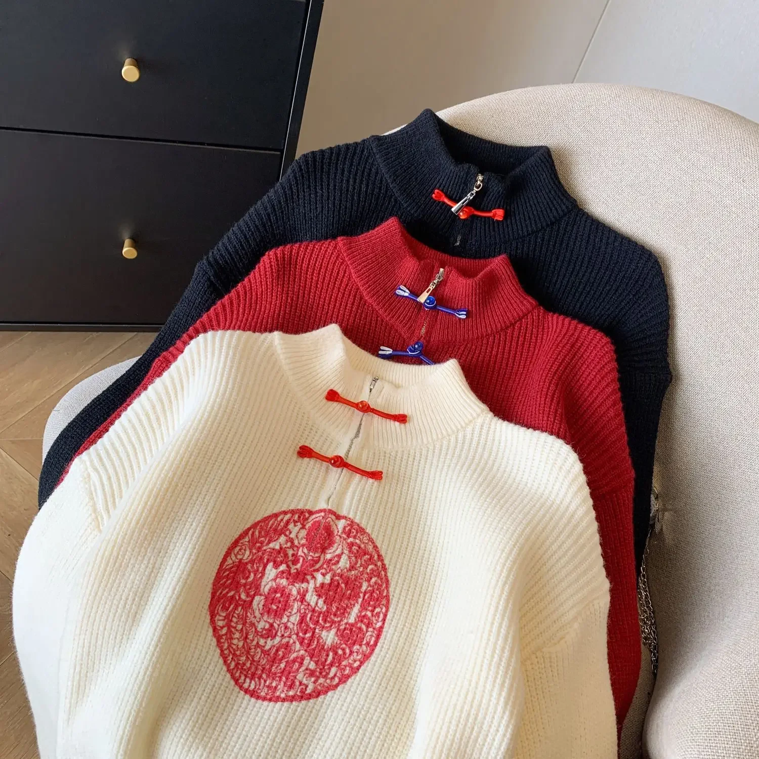 Suéter rojo de estilo chino para mujer, jerséis tejidos con botones Vintage para primavera y otoño, camiseta con cordón estampado para oficina para mujer