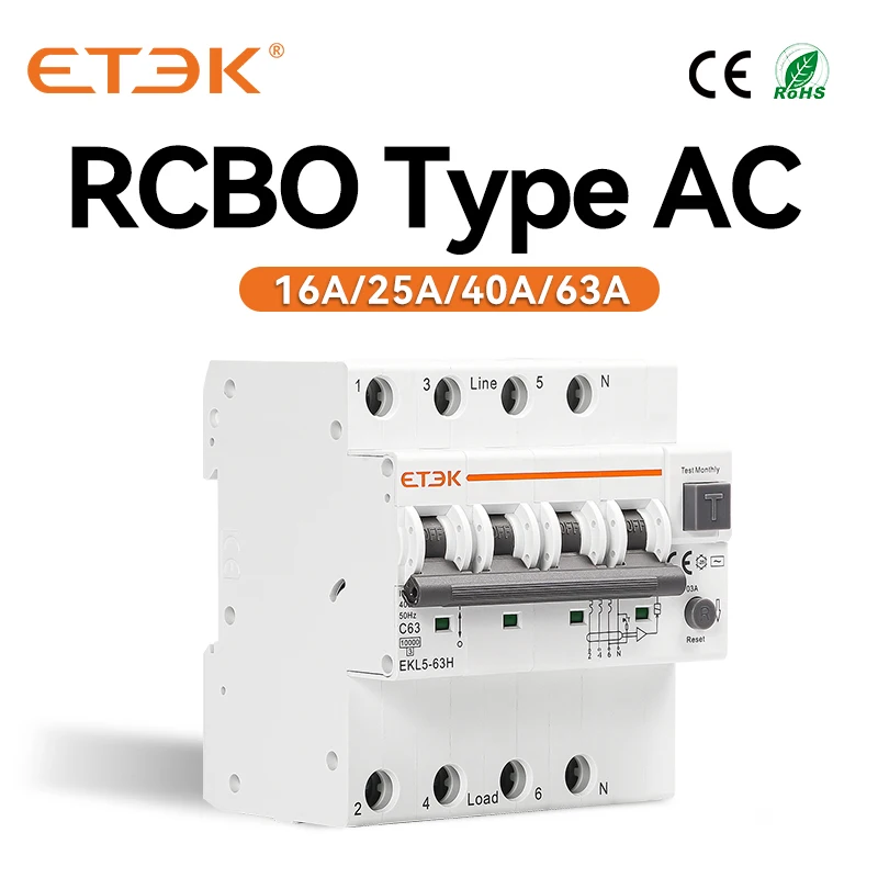 ETEK Type AC RCBO Residual Automatic Circuit Breaker 10KA 2P 4P 16A 25A 40A 63A Over Current Leakage Protection 30mA EKL5