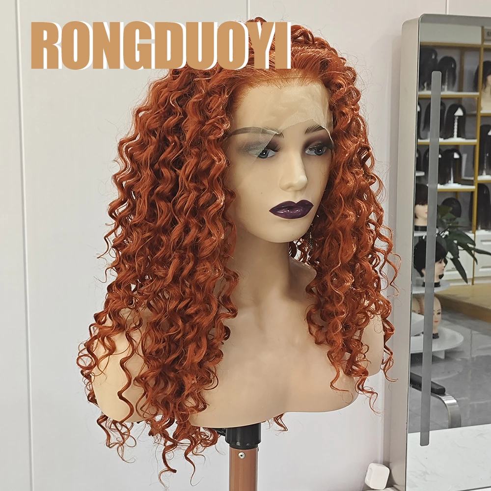 RONGDUOYI Reddish Orange Kinky Curly Synthetic Wig Deep Curly Natural Hairline Lace Front Wigs Daily Makeup Use Copper Red Hair