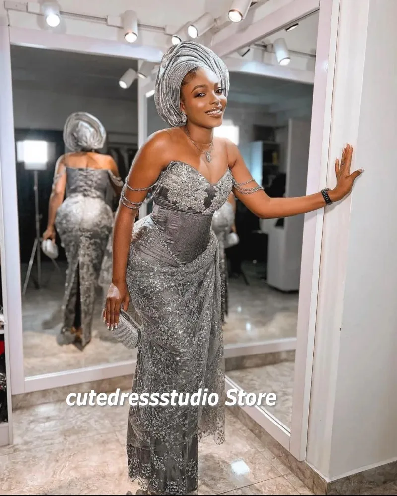 Owambe Style Silver Evening Dresses 2024 Sheer Neck Lace Mermaid Aso Ebi Prom Gowns African Women Wedding Party Dress Customized