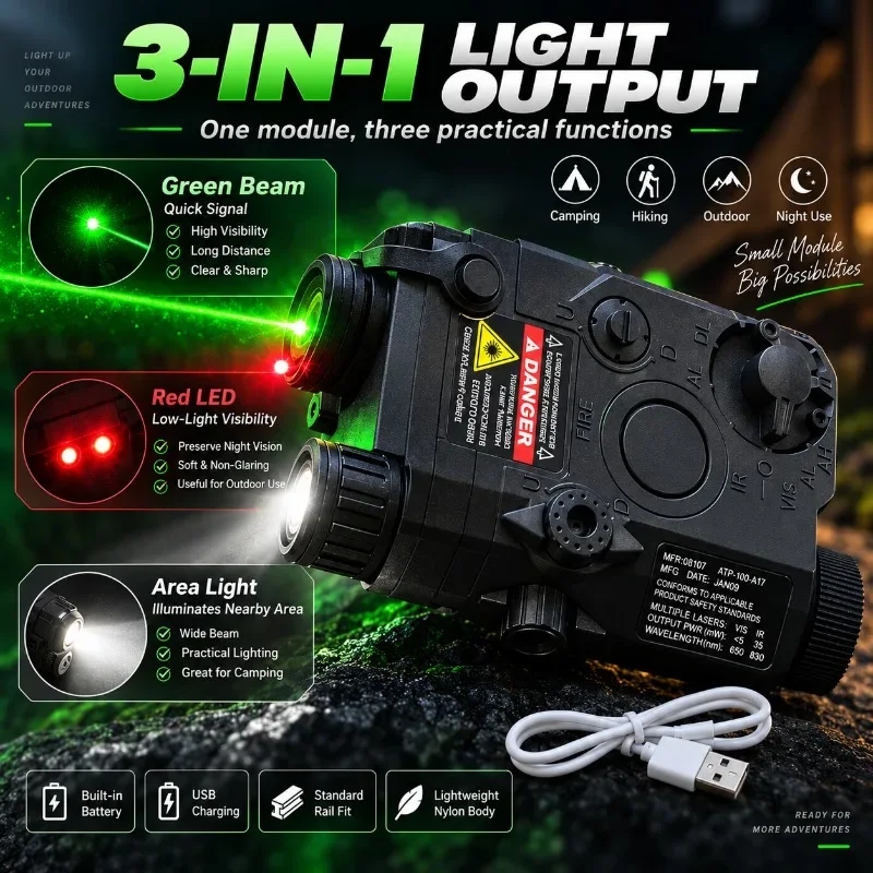 Nylon Multi Function Light Module Green Beam Red LED Built in Battery Fit Standard Rail Outdoor Camping Accessory