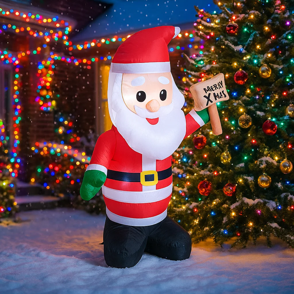 1.2M/3.9FT Inflatable Santa Claus Holding Sign LED Lights Home Decorations Toys Yard Xmas Decor Supplies Outdoor Holiday Decorat