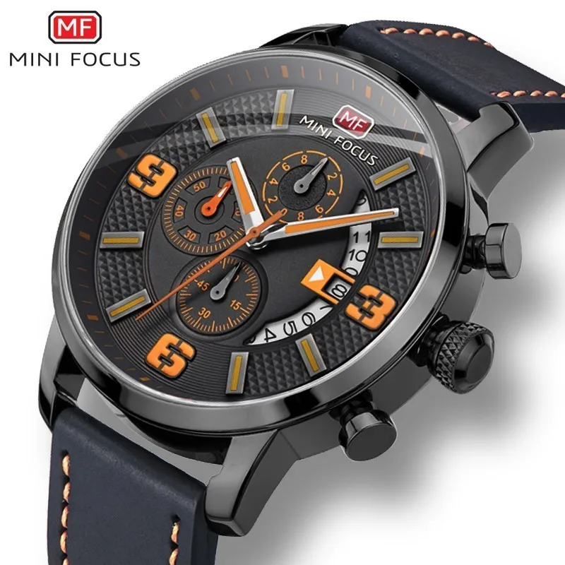 MINI FOCUS Sports Men Watch Luxury Casual Chronograph Watches Quartz Men WristWatch Genuine Leather Top Brand Luxury Military