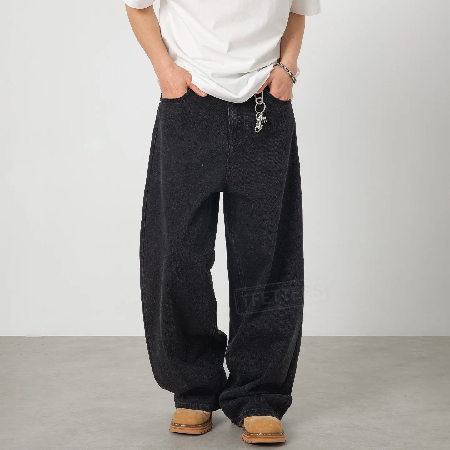 

TFETTERS 2026 Spring High Street Vintage Black Jeans Men Washed Faded Texture Baggy Casual Straight Leg Denim Trousers