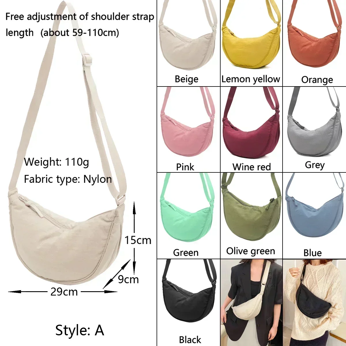 Borsa a tracolla a mezzaluna Hobos Borse a tracolla casual di grande capacità Marsupi per donna uomo con chiusura a cerniera all\'ingrosso