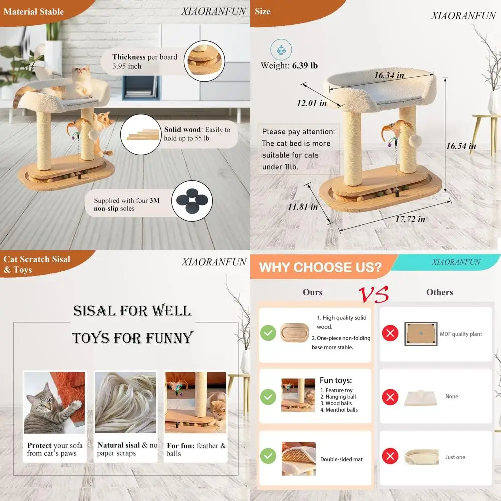 

5-in-1 Wooden Cat Tower with Sisal Scratching Post, Bed, Interactive Toys for Indoor Cats, White