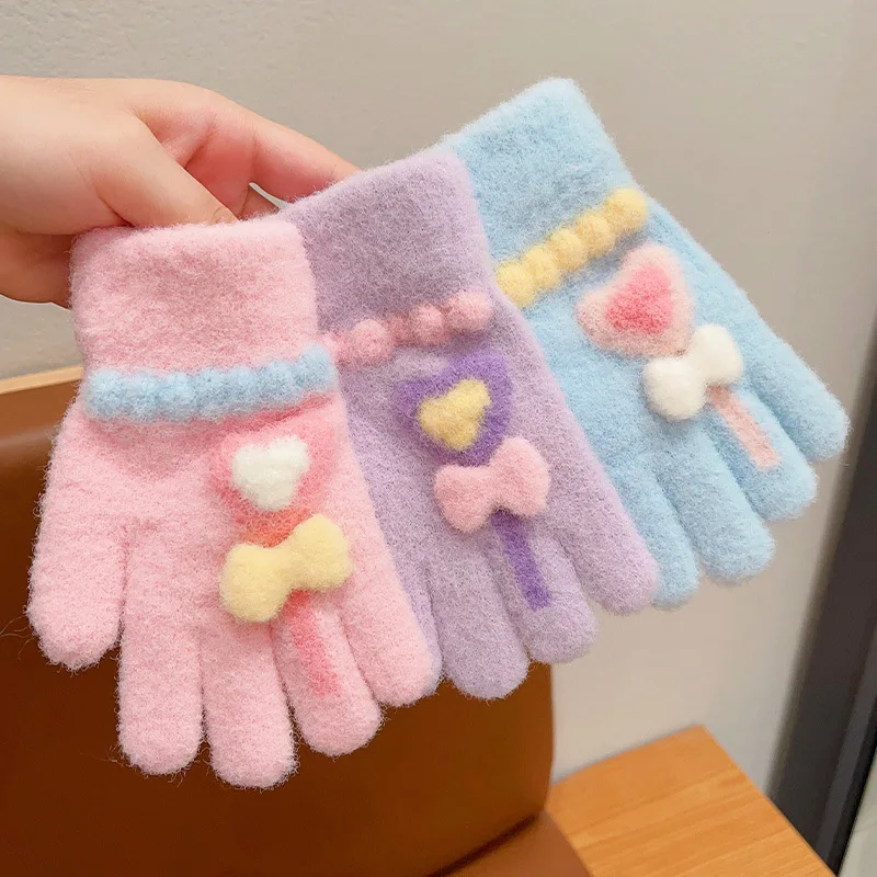 

Children Outdoor Warm Gloves Autumn Winter Thickened Fleece Bow Full-finger Knitted Gloves For Boys Girls Kids Colorful Gloves