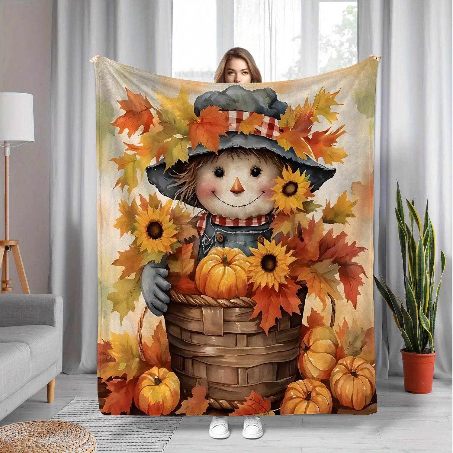 

1 шт. одеяло с пугалом и тыквой, полиэфирная ткань, можно стирать в машине, подходит для украшения спальни и гостиной.