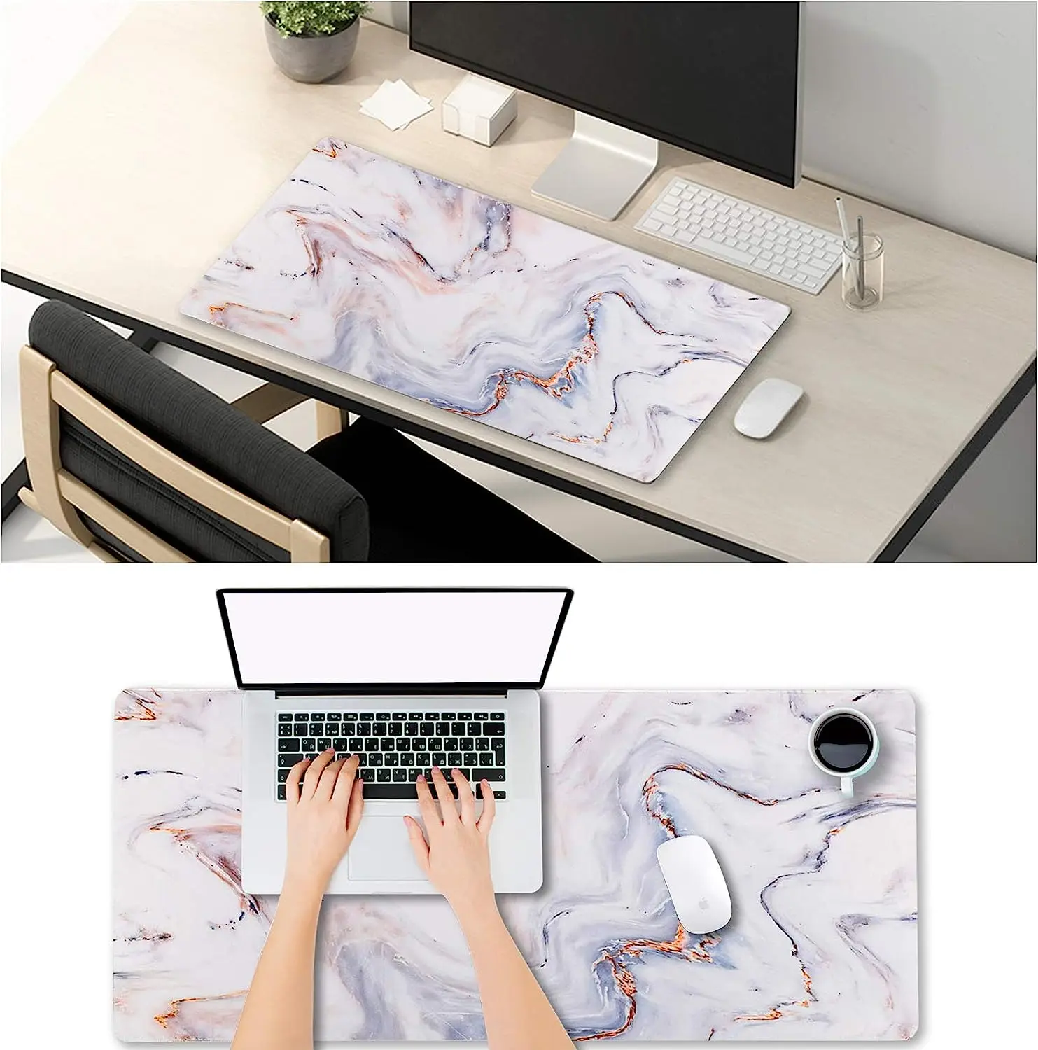 Extended Gaming Mouse Pad XXL ArtSo Large Desk Writing Pad Non Slip Rubber Base Stitched Edges 35.1 x 15.7  White Gold Marble