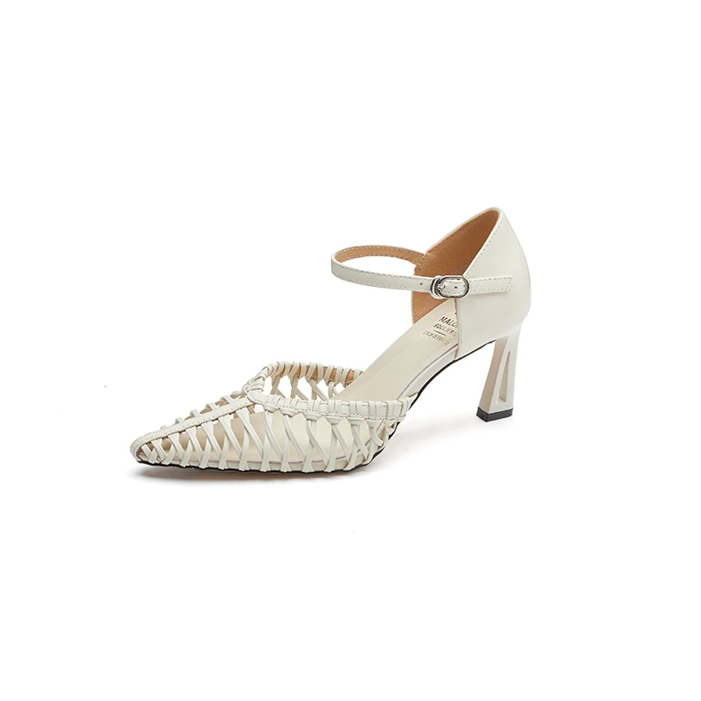Women's Genuine Leather Cutout Ankle Strap Heeled Sandals 5.5CM Stiletto Pointed Toe Elegant Party Dress Shoes J6562