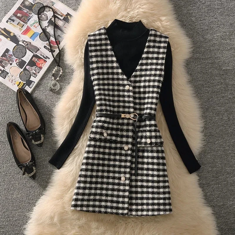 Women's Vest Jacket Houndstooth Vests Female Vintage Mid-Length Autumn Winter Waistcoat Slim Sleeveless Coat Tops Belt