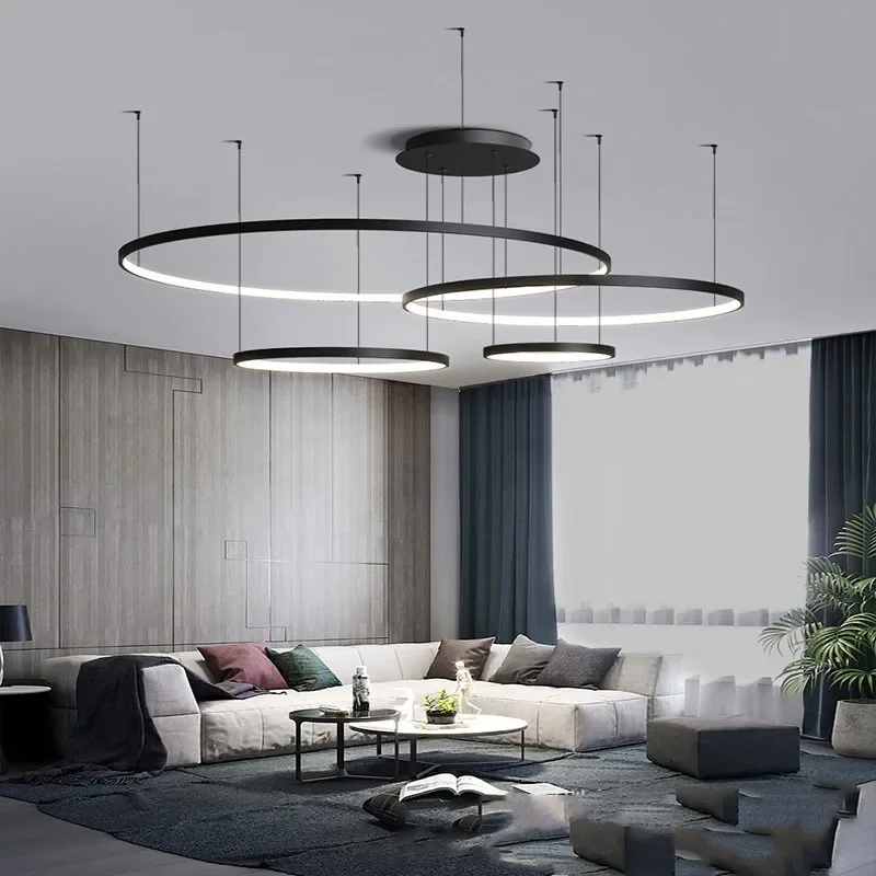 

Modern Circle Rings LED Pendant Light for Living Dining Room Kitchen Hall Restaurant Black Chandelier Home Decor Lamp Fixture