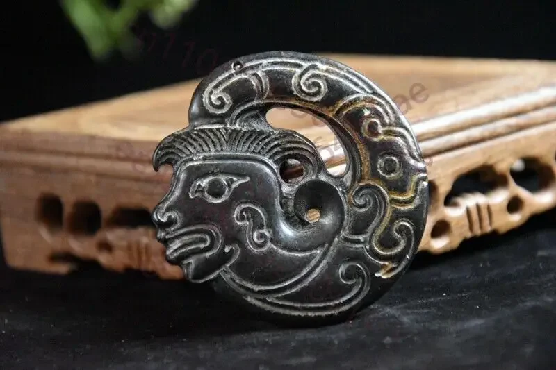 Chinese Red mountain culture Iron meteorite carved human face Dragon Bi