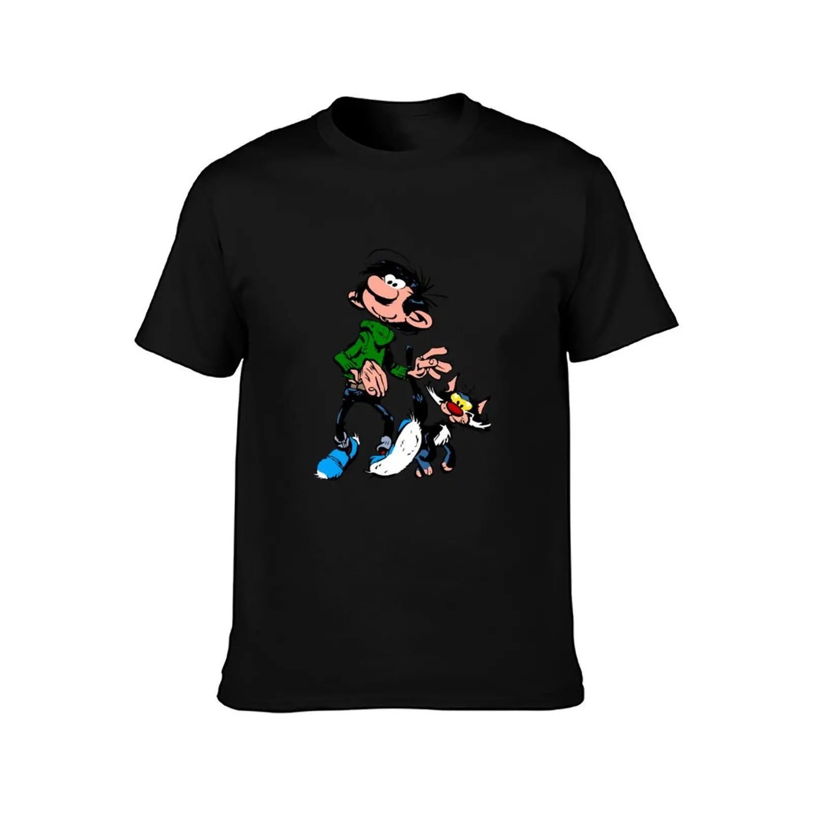 Gaston Lagaffe Movie Cartoon Color Big Ben walking with cat T-Shirt, Summer Casual Cotton Tee, Oversized Streetwear Tops