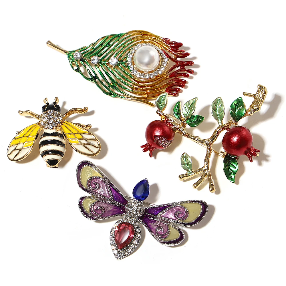 ALLYES Luxury Pearl Rhinestone Brooches for Women Elegant Colorful Enamel Butterfly Bee Pomegranate Feather Brooch Lapel Pins