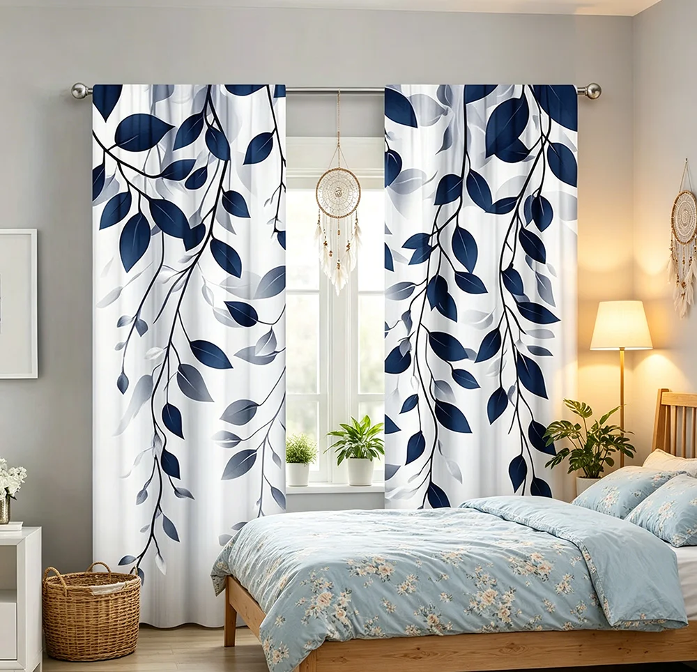 2PCS Digital Printed Curtains, Blue Leaf Climbing Vine Botanical Garden, Modern Home Decor Style for Living Room Bedroom Decor