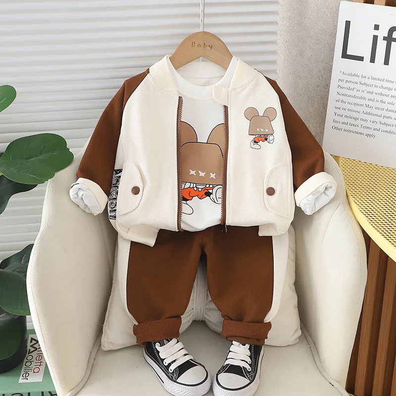 Autumn 2024 Kids Boys 3PCS Clothes Set Cartoon Cotton Shirts Patchwork Sleeve Coat Loose Pants Suit Children Baby Boy Outfits