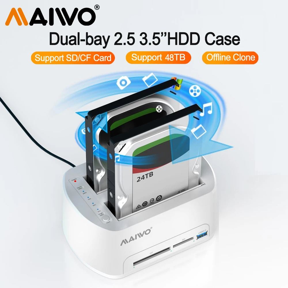 

MAIWO USB3.0 Dual Bay Hard Drive Box Base 2,5 3,5-дюймовый корпус SATA SSD HDD с автономной клонной док-станцией для жесткого диска с поддержкой CF/SD-карты