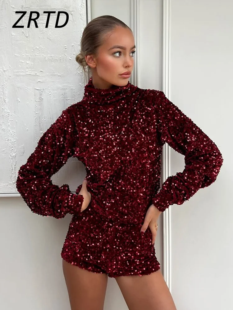 Y2k Sequined Turtleneck Tops Shorts Sets Women Slim Glitter Long Sleeve Top High Waist Short Pants 2025 Spring Lady Sexy Outfits