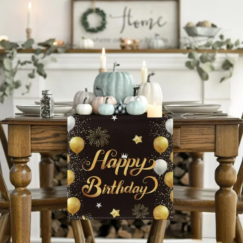 Balloons Firework Happy Birthday Linen Table Runner Stars Holiday Kitchen Dining Table Decor Farmhouse Washable Home Party