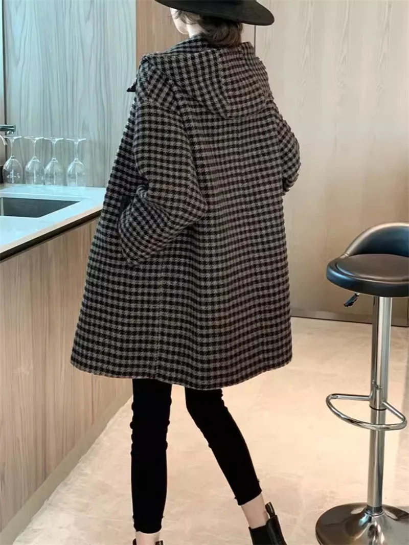 Plaid Hooded Loose Mid Length Wool Double Layer Coat Autumn and Winter 2024 New Loose and Versatile European Style High-end Coat