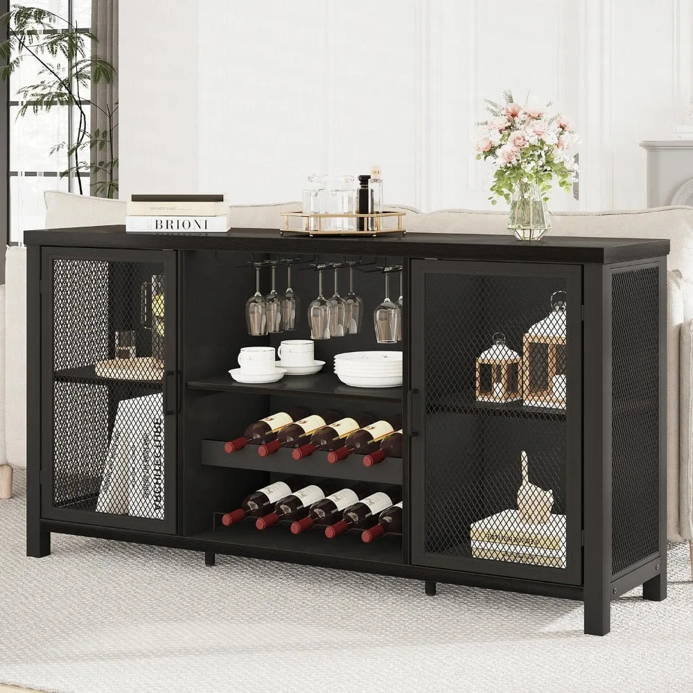 Armário de bar de vinho preto Launica, armário de bar de café com armazenamento, armários de buffet de cozinha de fazenda com rack para café de licor
