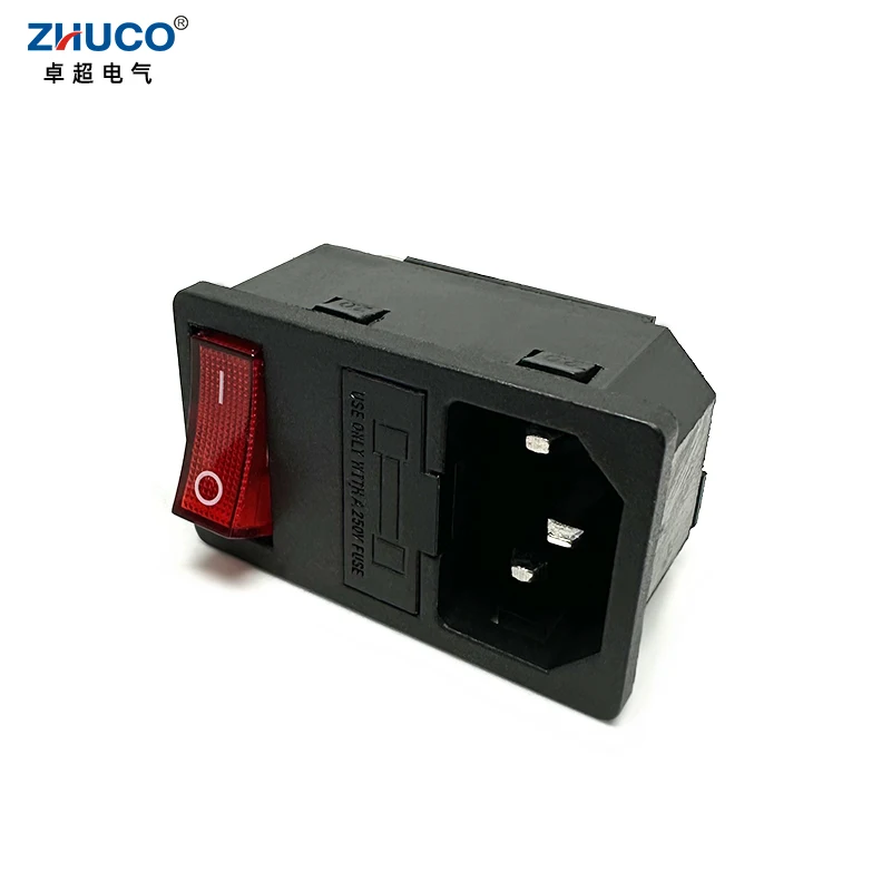 1PC LZ-14-F15 3 Pins C14 Plug AC Inlet Module Power Socket With 10A 5X20mm Fuse And Red 250V LED Rocker Switch Panel Mounted