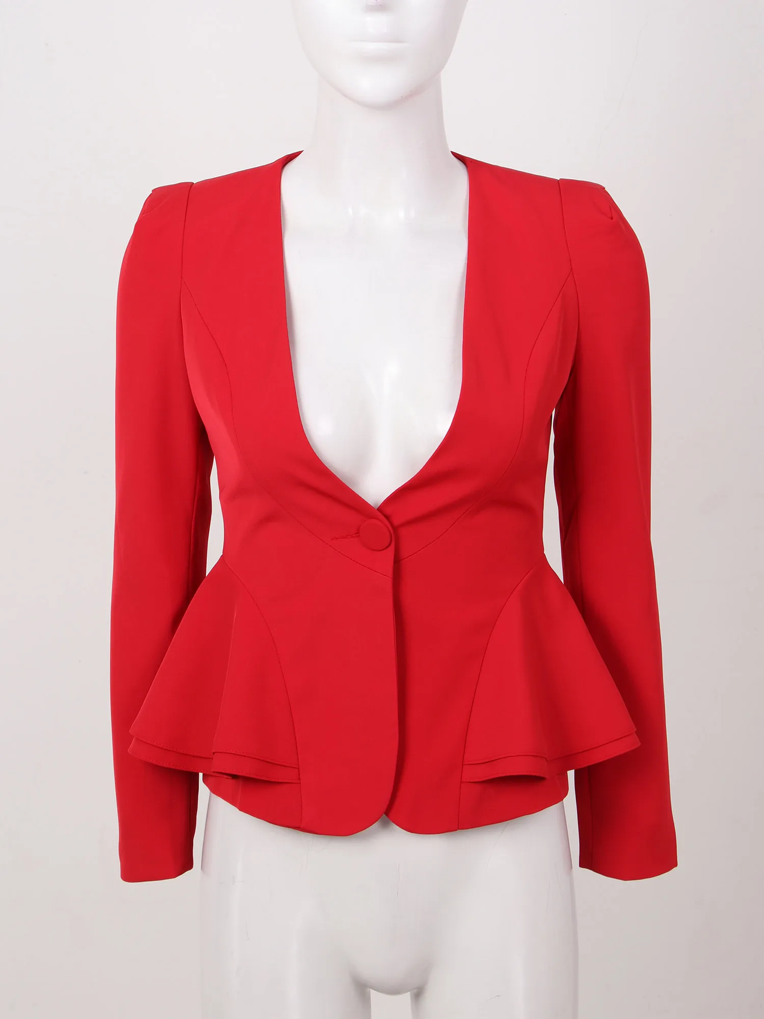 Women Red 3 Pure Colors Formal Blazers V-neck Long Sleeve Tops One-Button Slim Fit Peplum Suit Jackets for Office Meeting Wears