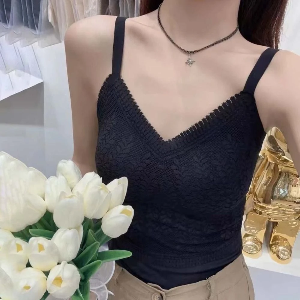 Leaf Bra with Pads Lace Vest Top Tank Top Solid Color Summer V-neck Slim Camisole Beauty Back Streetwear