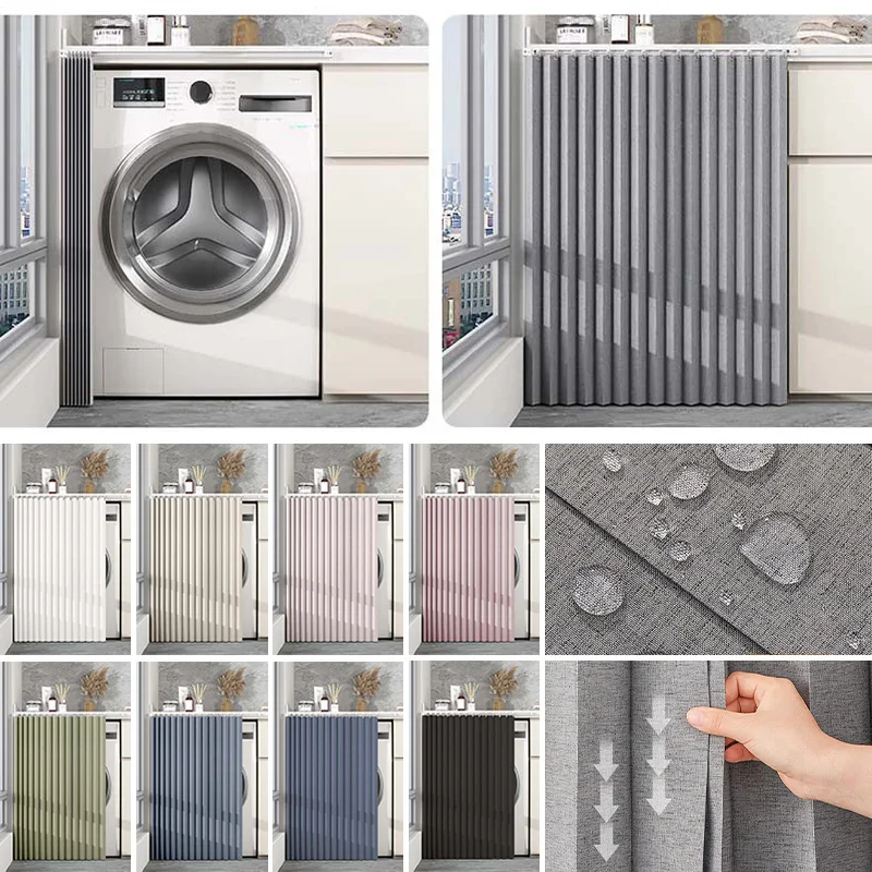 Folding Cabinet Curtain with Self-Adhesive Track for Washing Machine Kitchen Cupboard Door Cover Sun Shade Waterproof Curtain