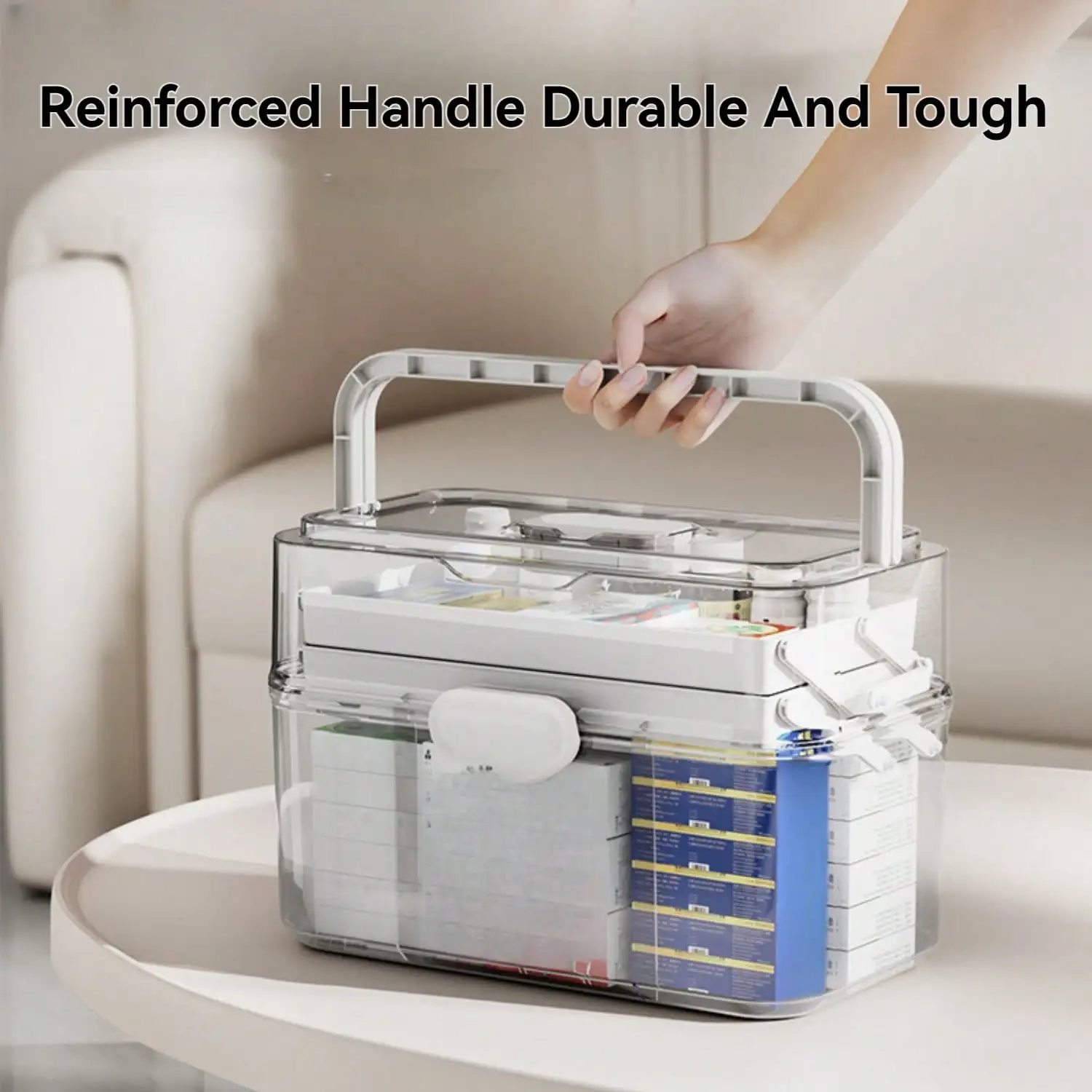 Medicine Storage Box for Home Travel, Three-layer Large Capacity, Foldable, Moisture-proof, Transparent With Safety Lock