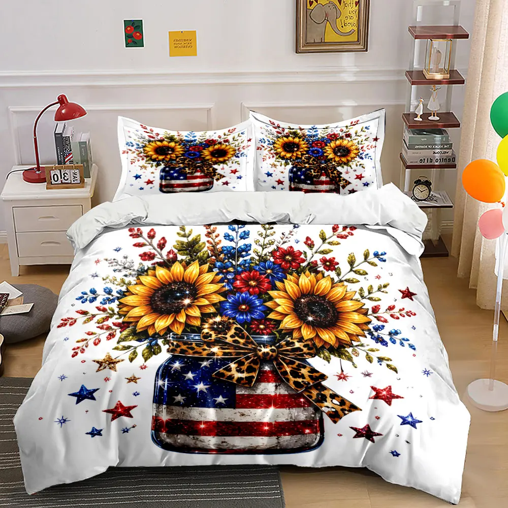 Sunflowers in American flag jar Duvet Cover Set with 3D Printing Design Soft Polyester Bedding Set All-Season Comfort