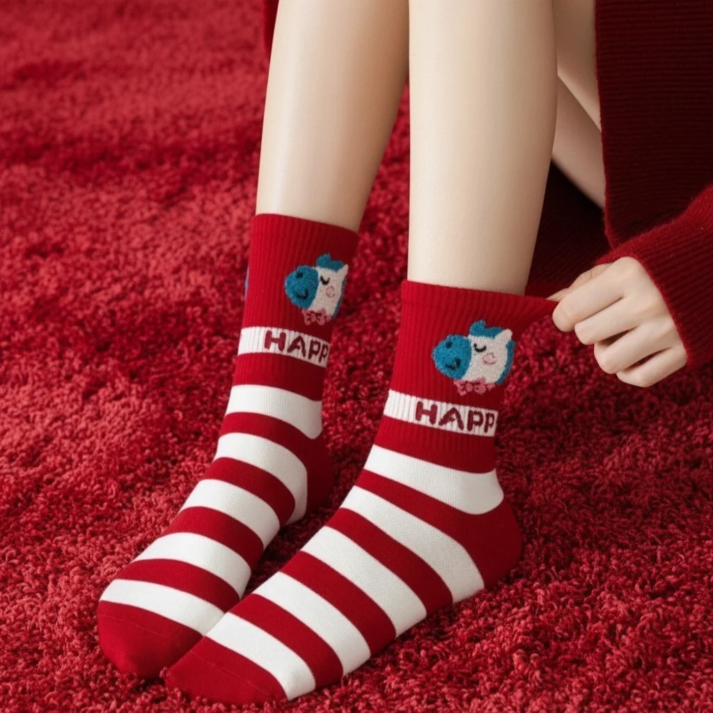 

Новогодние носки с рисунком лошади Красные носки с изображением лошади Эластичные носки на год зодиака для новогоднего праздника Удобные чулочно-носочные изделия