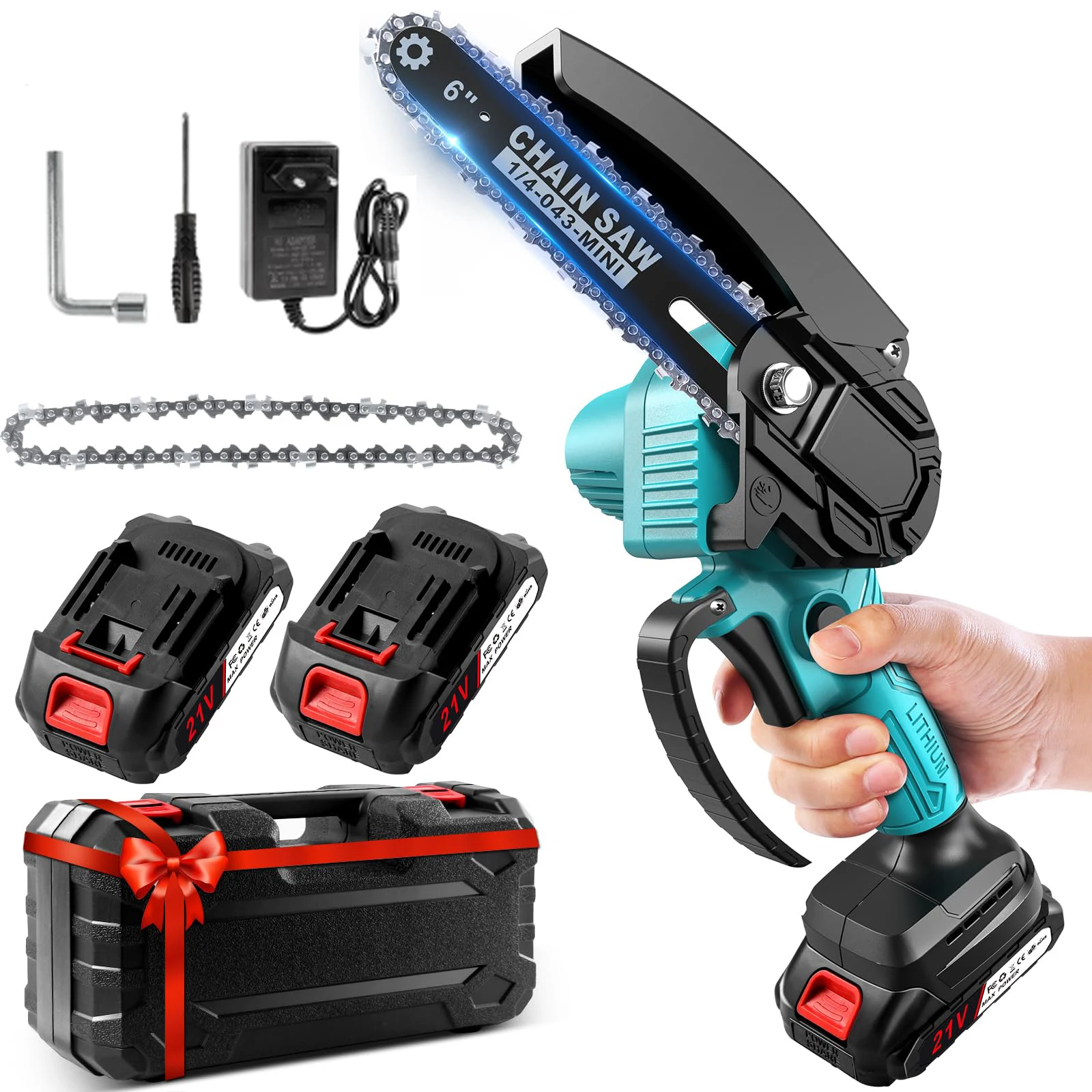

2 * 21V battery rechargeable pruning chain saw, mini cordless 6-inch one-hand portable garden, wood cutting pruning