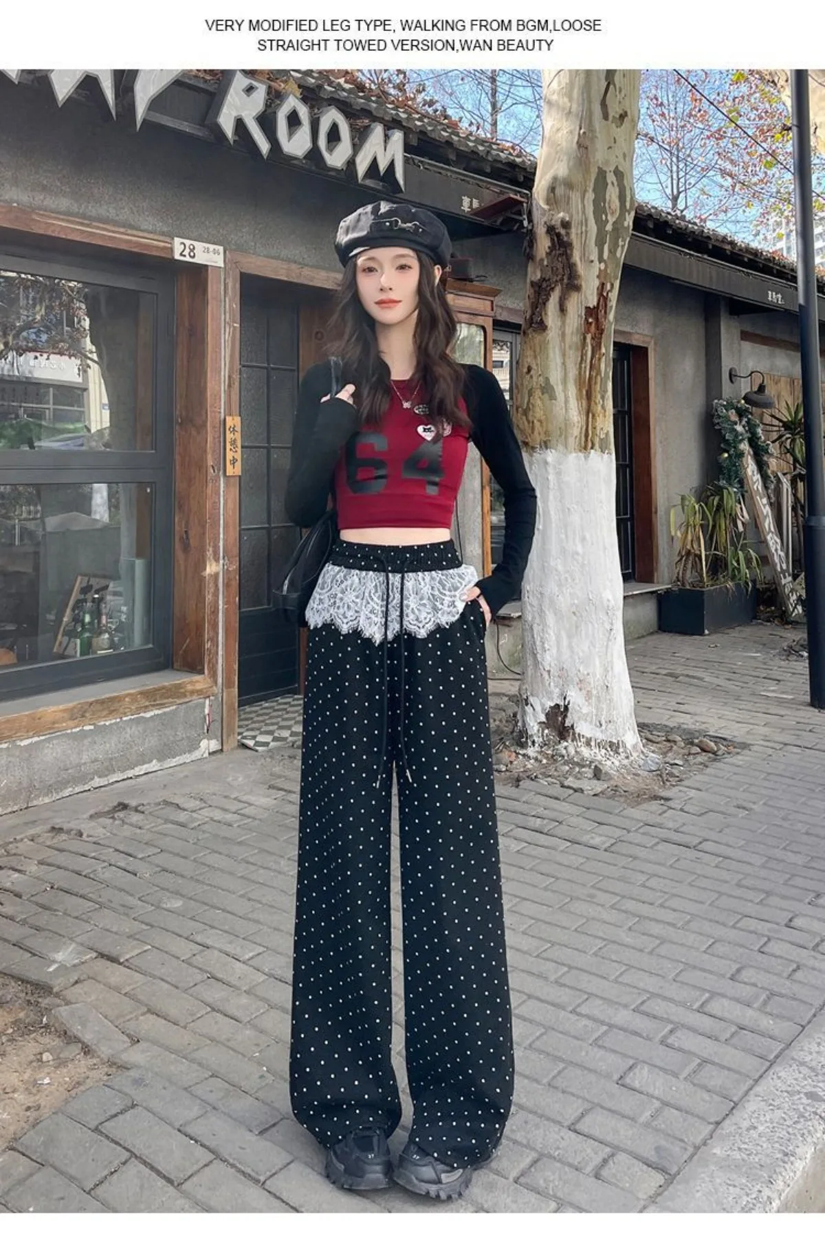 Luźne, cienkie spodnie damskie w grochy ze sznurkiem, koronką i kwiatami, proste, basic, w stylu Y2k, na co dzień i na wakacje.