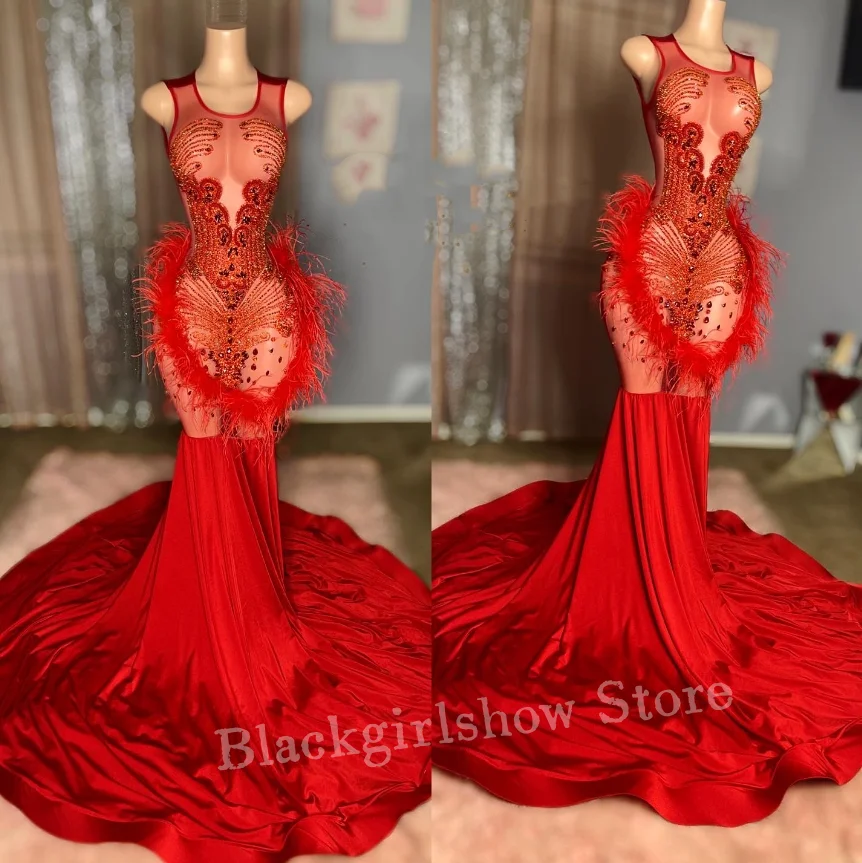 Luxury Red Long Prom Dress For Women Glitter Diamond See Through Feather Dresses For Formal Occasion Customised Robes De Soirée